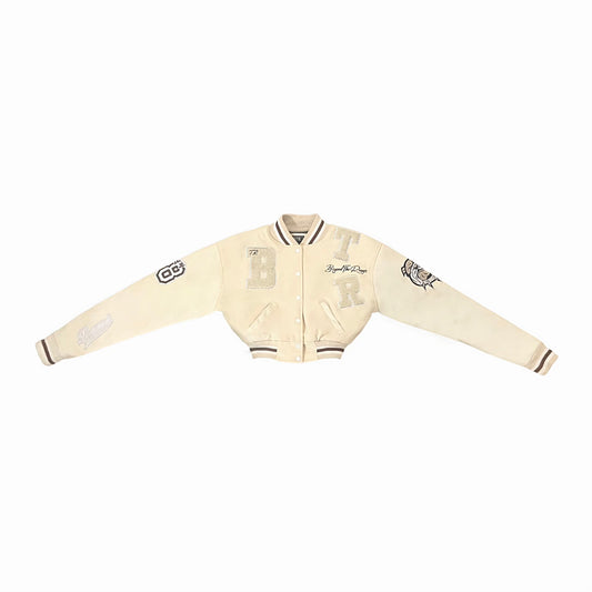 Ivory Cream 28 Cropped Varsity Jacket